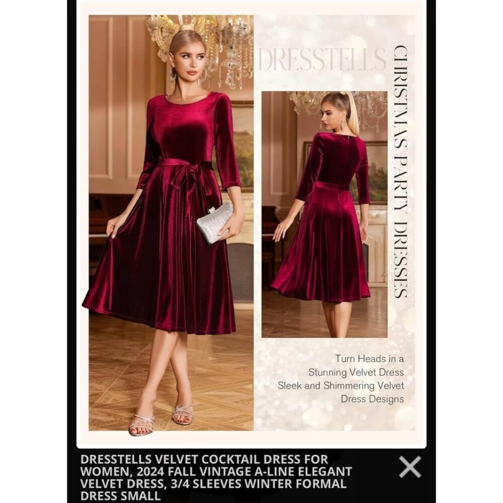 New DRESSTELLS Red Velvet A-Line Dress 3/4 Sleeves Small - Picture 3 of 4